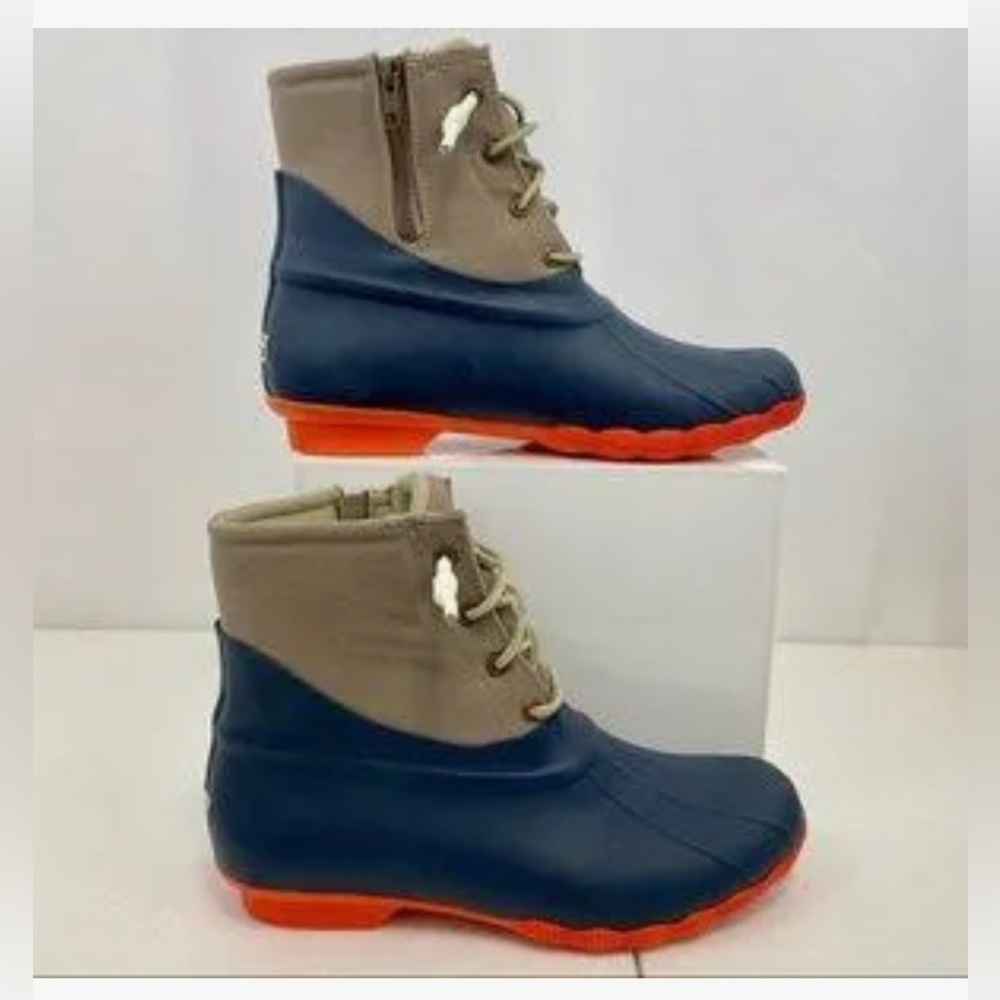 Sperry Duck Rain Boots - blue and orange colorblock sz 6